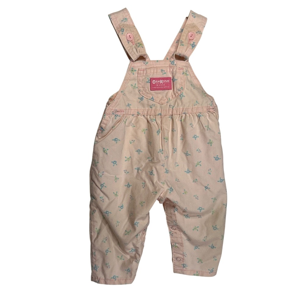 Vintage OshKosh Bgosh Pink Floral Overalls Kids Cotton Blend Snaps Bow Back